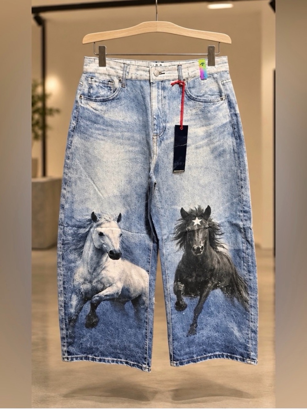 VIBRANT M.i.U. NWT Viral Black & White Horse Digital Print Baggy Wide Leg Jeans